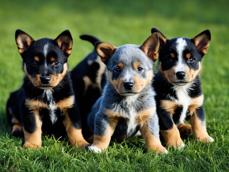 4 Hunde Welpen sitzen auf dem Rasen und vermissen Ihre Mutter